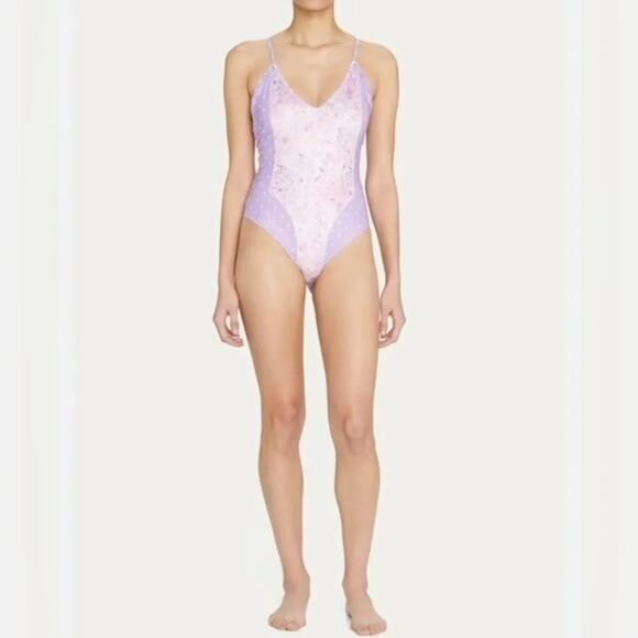 LoveShackFancy Purple Pansy Floral Shailee One Piece Swimsuit XS‎ NWT - Picture 2 of 11